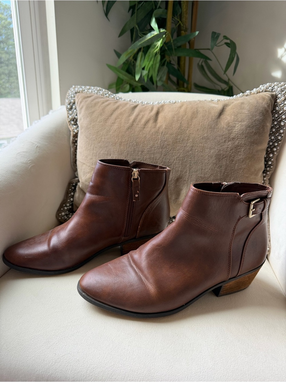 Dr. Scholl's Brown Leather Ankle Booties with Side Zip & Buckle